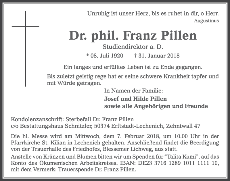  Traueranzeige für Franz Pillen vom 03.02.2018 aus  Sonntags-Post 