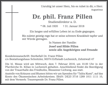 Anzeige von Franz Pillen von  Sonntags-Post 