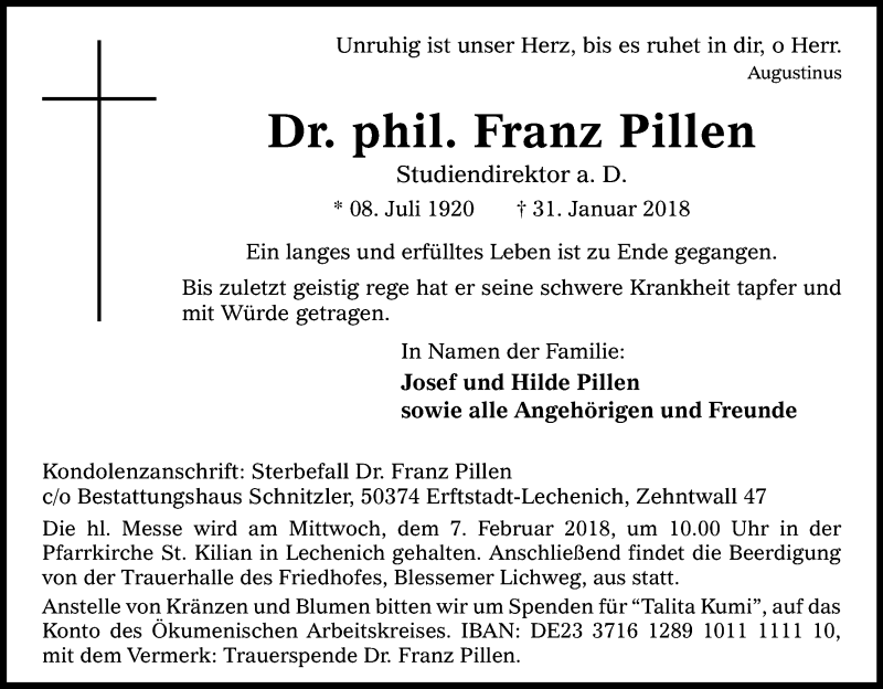  Traueranzeige für Franz Pillen vom 03.02.2018 aus Kölner Stadt-Anzeiger / Kölnische Rundschau / Express