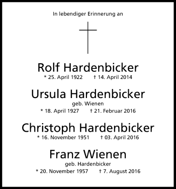 Anzeige von Franz Wienen von Kölner Stadt-Anzeiger / Kölnische Rundschau / Express
