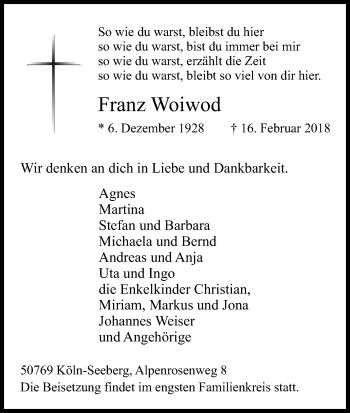 Anzeige von Franz Woiwod von Kölner Stadt-Anzeiger / Kölnische Rundschau / Express