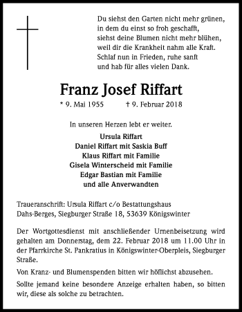 Anzeige von Franz Josef Riffart von Kölner Stadt-Anzeiger / Kölnische Rundschau / Express