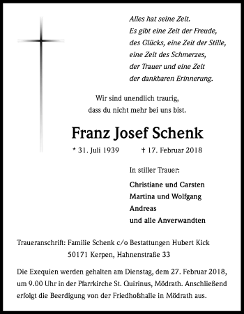 Anzeige von Franz Josef Schenk von Kölner Stadt-Anzeiger / Kölnische Rundschau / Express