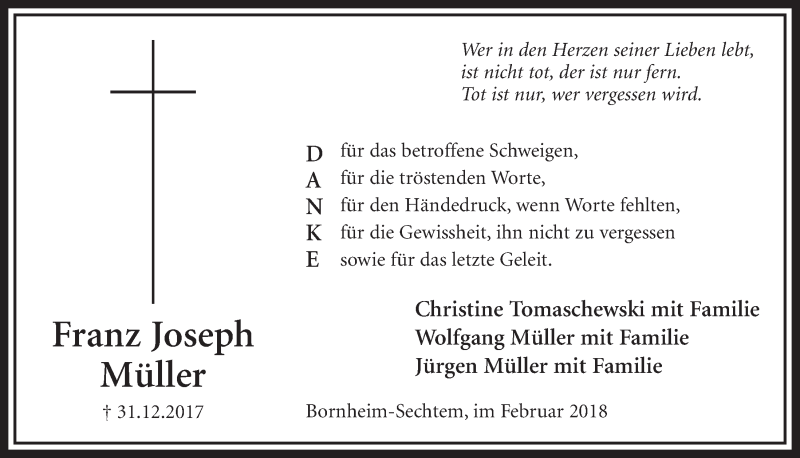  Traueranzeige für Franz Joseph Müller vom 07.02.2018 aus  Schlossbote/Werbekurier 