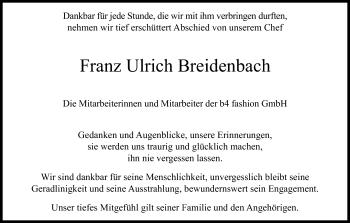 Anzeige von Franz Ulrich Breidenbach von Kölner Stadt-Anzeiger / Kölnische Rundschau / Express