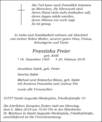 Anzeige von Franziska Freier von  Extra Blatt 