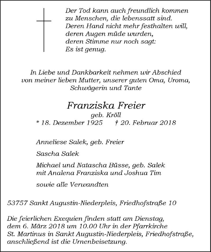  Traueranzeige für Franziska Freier vom 28.02.2018 aus  Extra Blatt 