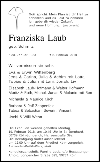 Anzeige von Franziska Laub von Kölner Stadt-Anzeiger / Kölnische Rundschau / Express