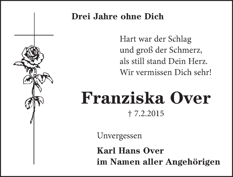  Traueranzeige für Franziska Over vom 07.02.2018 aus  Schlossbote/Werbekurier 