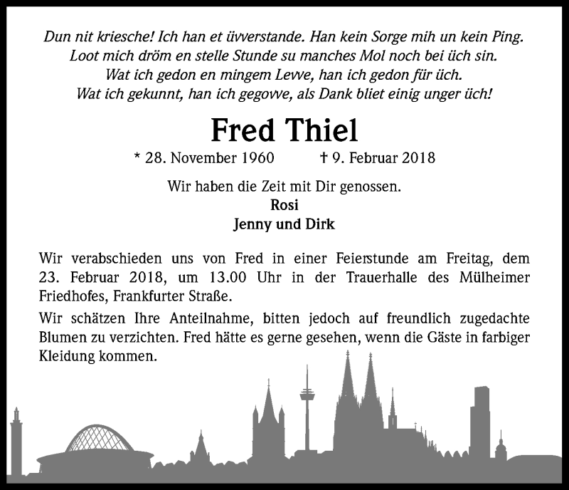  Traueranzeige für Fred Thiel vom 17.02.2018 aus Kölner Stadt-Anzeiger / Kölnische Rundschau / Express
