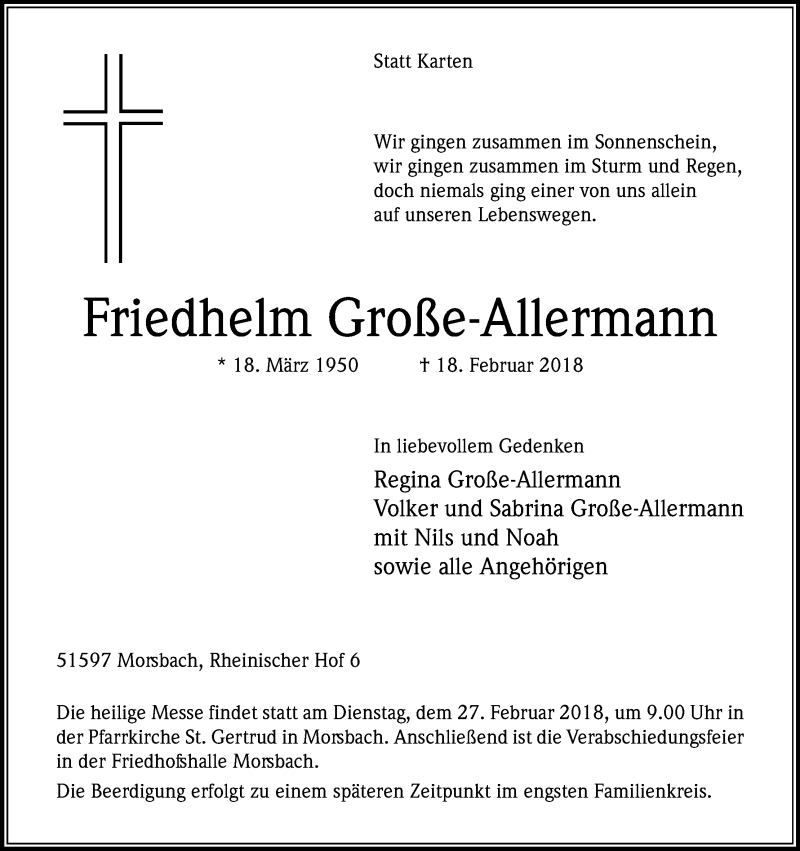  Traueranzeige für Friedhelm Große-Allermann vom 21.02.2018 aus Kölner Stadt-Anzeiger / Kölnische Rundschau / Express