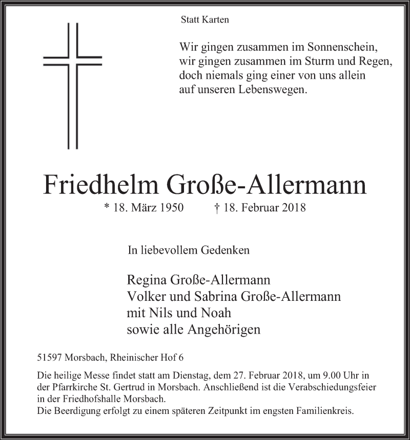  Traueranzeige für Friedhelm Große-Allermann vom 21.02.2018 aus  Lokalanzeiger 