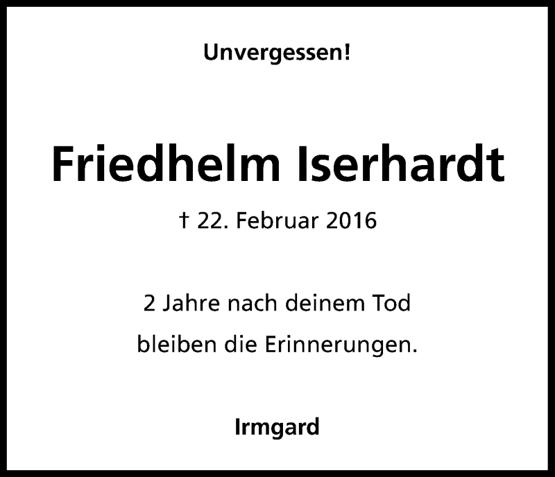  Traueranzeige für Friedhelm Iserhardt vom 22.02.2018 aus Kölner Stadt-Anzeiger / Kölnische Rundschau / Express