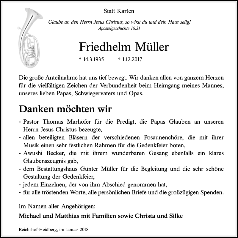  Traueranzeige für Friedhelm Müller vom 31.01.2018 aus  Anzeigen Echo  Lokalanzeiger 