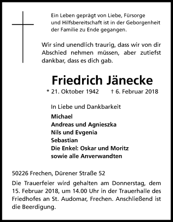 Anzeige von Friedrich Jänecke von Kölner Stadt-Anzeiger / Kölnische Rundschau / Express
