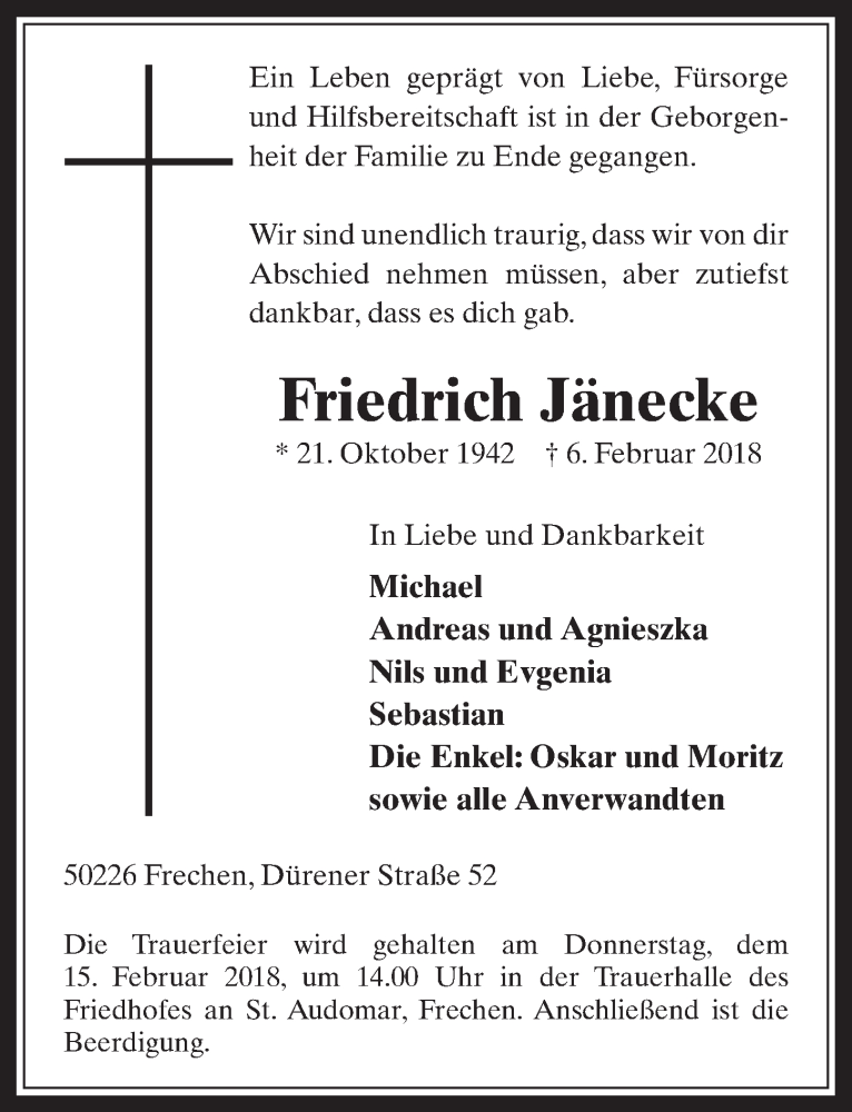  Traueranzeige für Friedrich Jänecke vom 14.02.2018 aus  Wochenende 