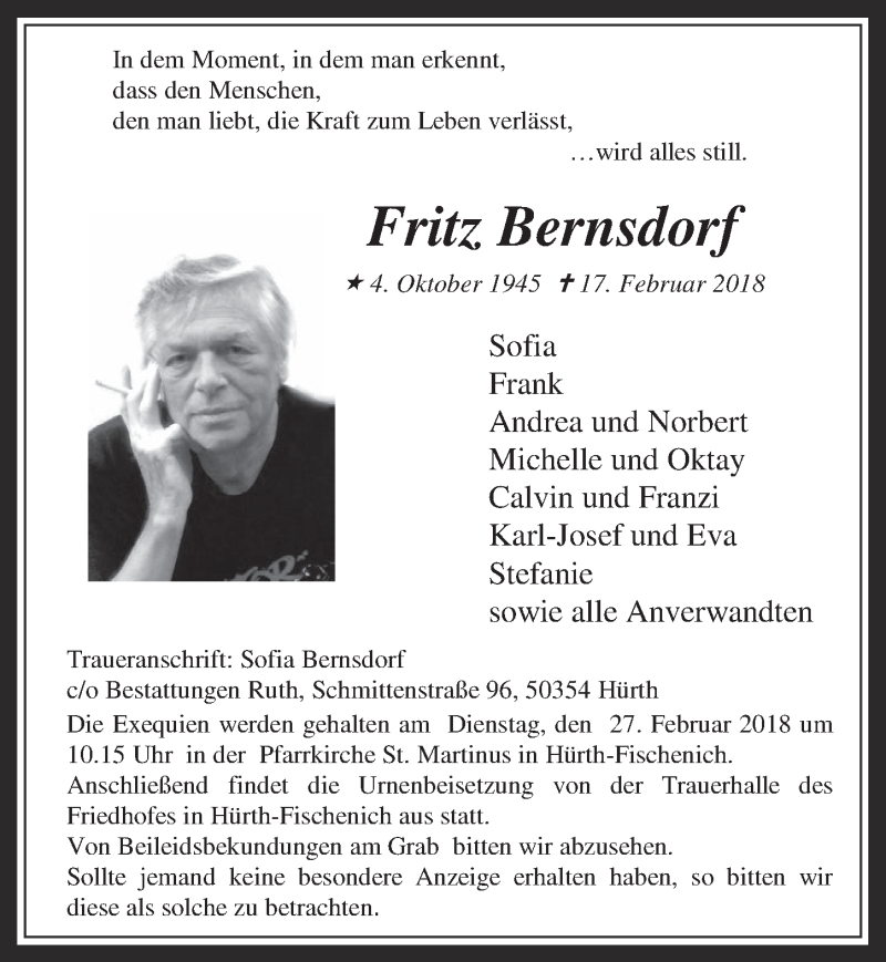  Traueranzeige für Fritz Bernsdorf vom 21.02.2018 aus  Wochenende 