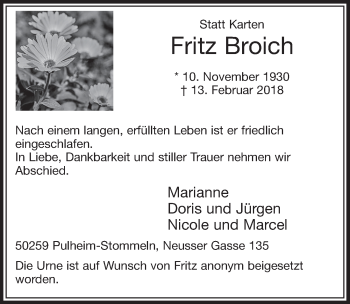 Anzeige von Fritz Broich von  Sonntags-Post 