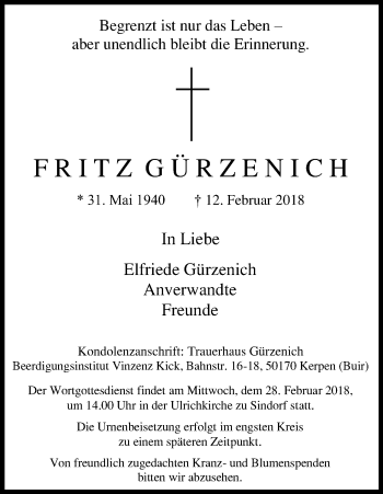 Anzeige von Fritz Gürzenich von Kölner Stadt-Anzeiger / Kölnische Rundschau / Express