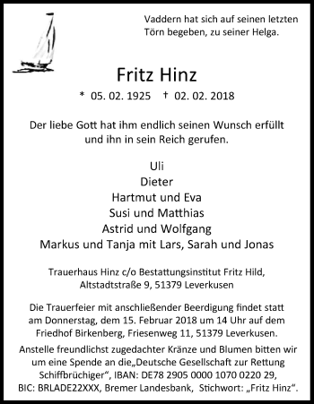 Anzeige von Fritz Hinz von Kölner Stadt-Anzeiger / Kölnische Rundschau / Express