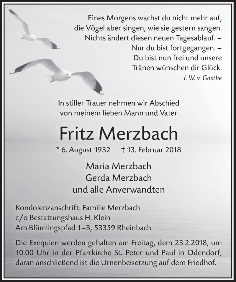  Traueranzeige für Fritz Merzbach vom 24.02.2018 aus  Schaufenster/Blickpunkt 