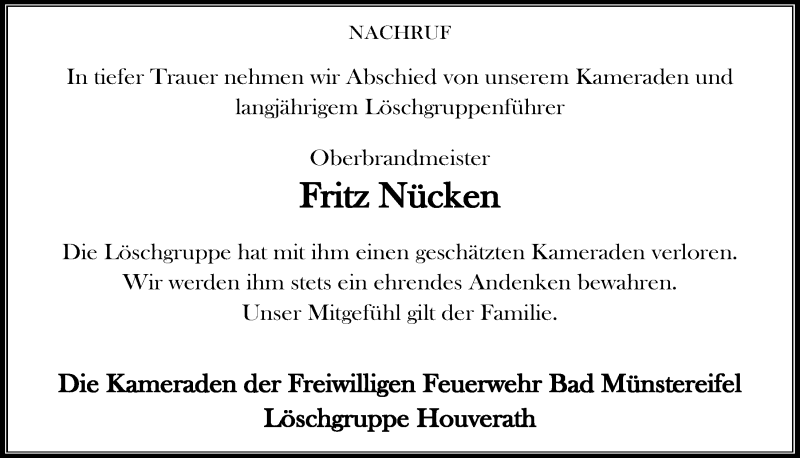  Traueranzeige für Fritz Nücken vom 03.02.2018 aus  Blickpunkt Euskirchen 