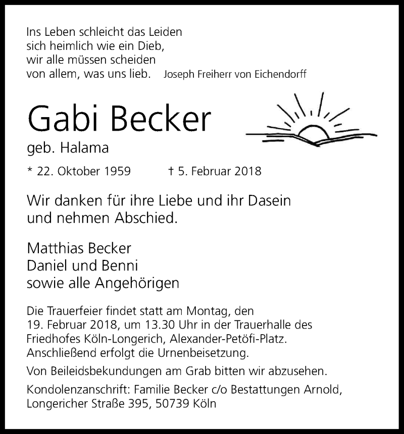  Traueranzeige für Gabi Becker vom 14.02.2018 aus Kölner Stadt-Anzeiger / Kölnische Rundschau / Express