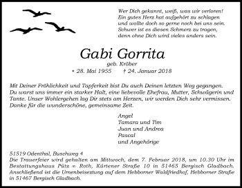 Anzeige von Gabi Gorrita von Kölner Stadt-Anzeiger / Kölnische Rundschau / Express