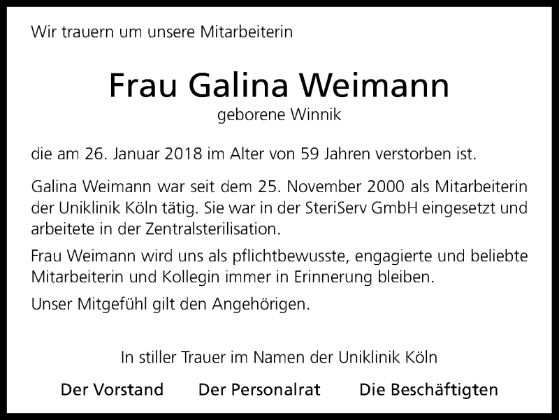  Traueranzeige für Galina Weimann vom 03.02.2018 aus Kölner Stadt-Anzeiger / Kölnische Rundschau / Express