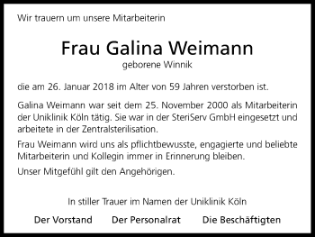 Anzeige von Galina Weimann von Kölner Stadt-Anzeiger / Kölnische Rundschau / Express