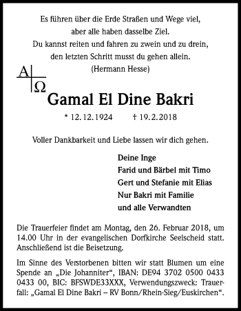 Anzeige von Gamal El Dine Bakri von Kölner Stadt-Anzeiger / Kölnische Rundschau / Express