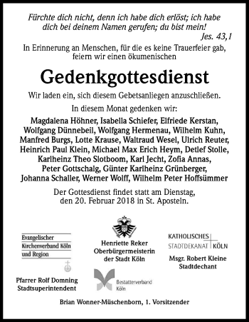 Anzeige von Gedenkgottesdienst 20.02.2018 von Kölner Stadt-Anzeiger / Kölnische Rundschau / Express
