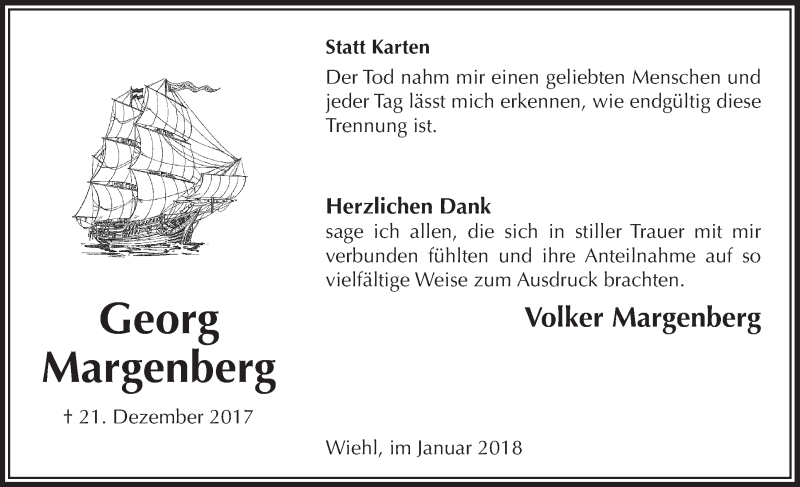  Traueranzeige für Georg Margenberg vom 31.01.2018 aus  Anzeigen Echo 