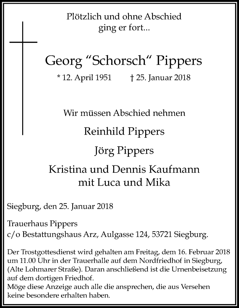  Traueranzeige für Georg  Pippers vom 10.02.2018 aus Kölner Stadt-Anzeiger / Kölnische Rundschau / Express