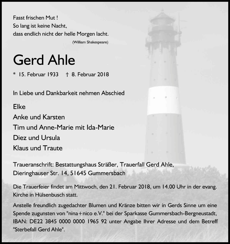  Traueranzeige für Gerd Ahle vom 16.02.2018 aus Kölner Stadt-Anzeiger / Kölnische Rundschau / Express
