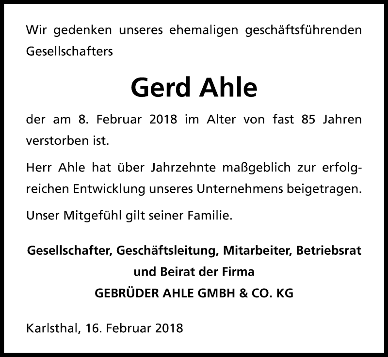  Traueranzeige für Gerd Ahle vom 20.02.2018 aus Kölner Stadt-Anzeiger / Kölnische Rundschau / Express