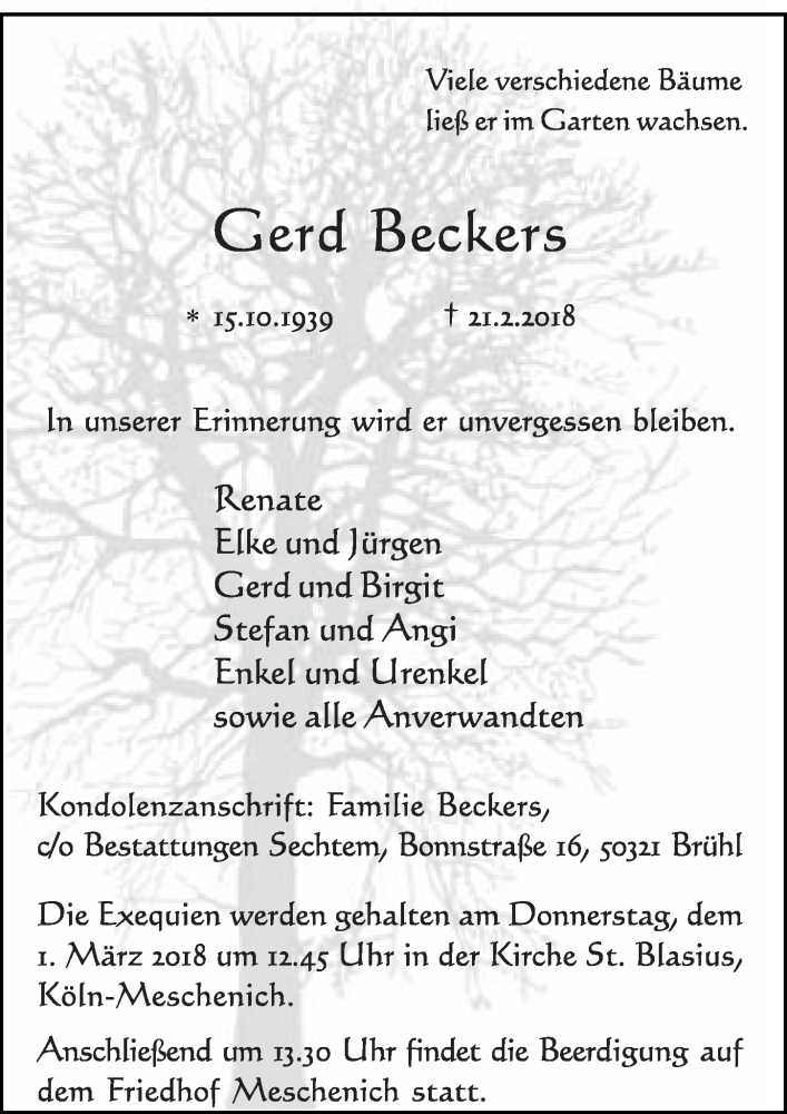  Traueranzeige für Gerd Beckers vom 28.02.2018 aus  Schlossbote/Werbekurier 