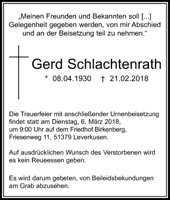 Anzeige von Gerd Schlachtenrath von Kölner Stadt-Anzeiger / Kölnische Rundschau / Express