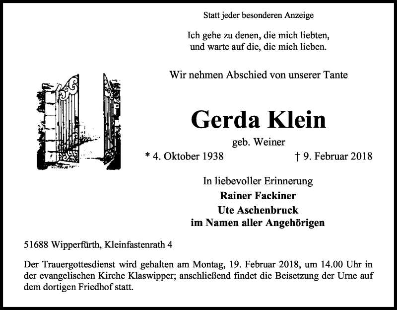  Traueranzeige für Gerda Klein vom 13.02.2018 aus Kölner Stadt-Anzeiger / Kölnische Rundschau / Express