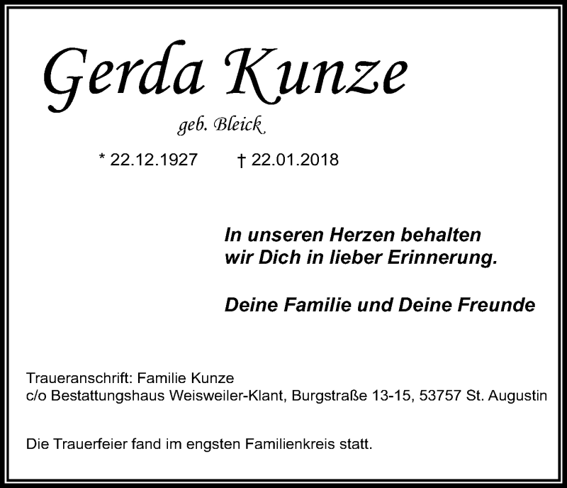  Traueranzeige für Gerda Kunze vom 03.02.2018 aus Kölner Stadt-Anzeiger / Kölnische Rundschau / Express
