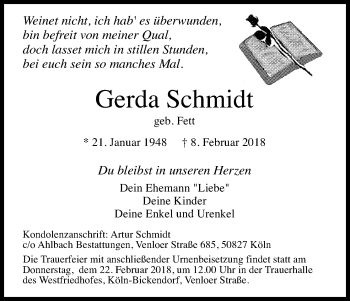 Anzeige von Gerda Schmidt von Kölner Stadt-Anzeiger / Kölnische Rundschau / Express