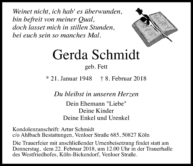  Traueranzeige für Gerda Schmidt vom 17.02.2018 aus Kölner Stadt-Anzeiger / Kölnische Rundschau / Express