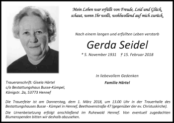 Anzeige von Gerda Seidel von Kölner Stadt-Anzeiger / Kölnische Rundschau / Express