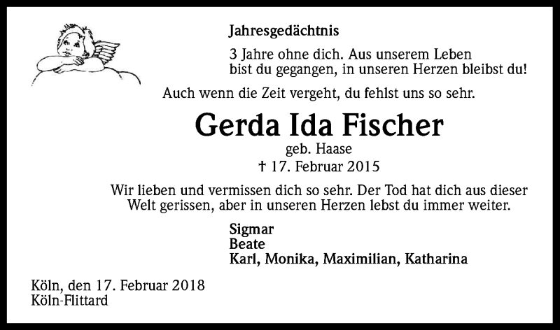  Traueranzeige für Gerda Ida Fischer vom 17.02.2018 aus Kölner Stadt-Anzeiger / Kölnische Rundschau / Express