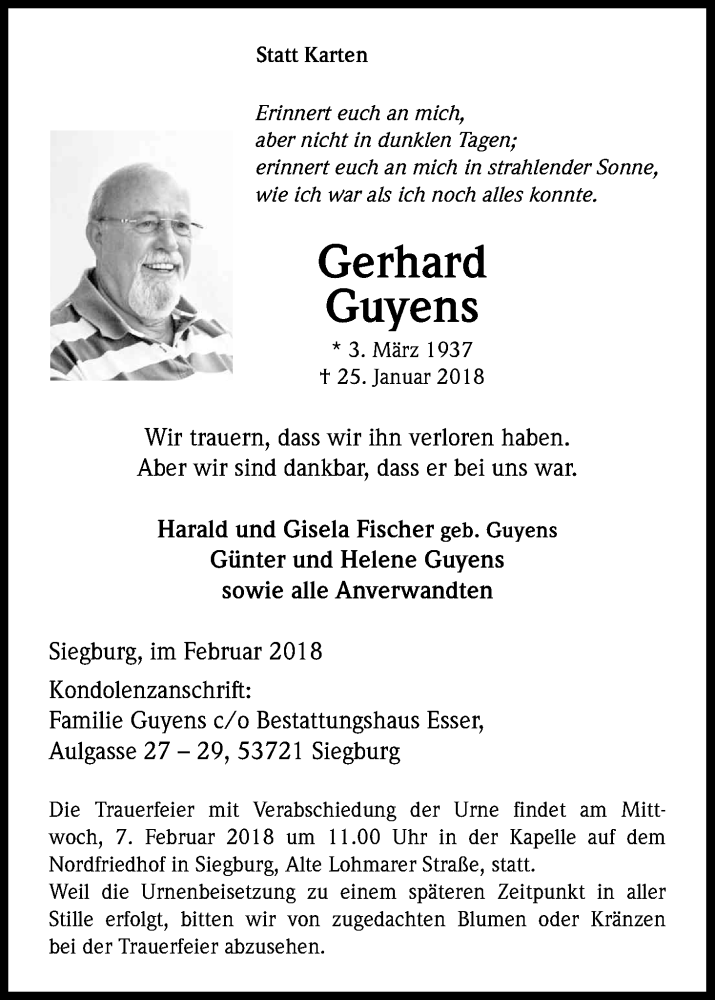  Traueranzeige für Gerhard Guyens vom 03.02.2018 aus Kölner Stadt-Anzeiger / Kölnische Rundschau / Express