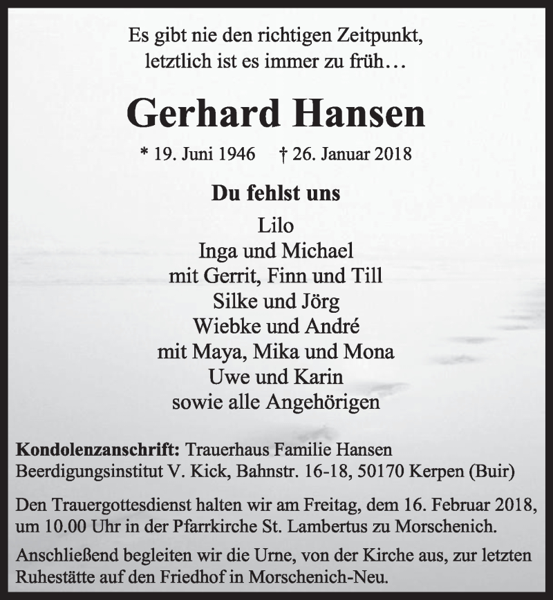  Traueranzeige für Gerhard Hansen vom 10.02.2018 aus  Sonntags-Post 