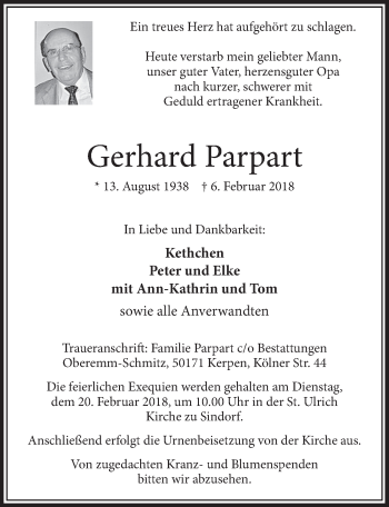 Anzeige von Gerhard Parpart von  Sonntags-Post 