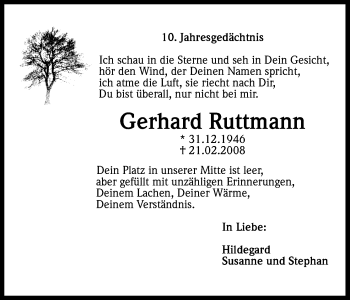 Anzeige von Gerhard Ruttmann von Kölner Stadt-Anzeiger / Kölnische Rundschau / Express