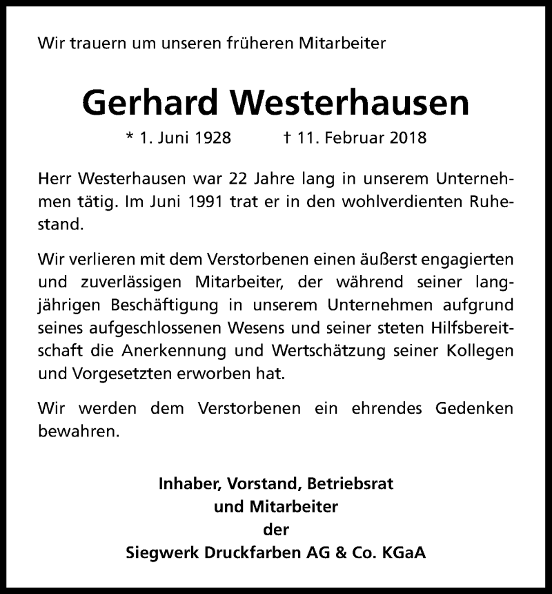  Traueranzeige für Gerhard Westerhausen vom 28.02.2018 aus Kölner Stadt-Anzeiger / Kölnische Rundschau / Express