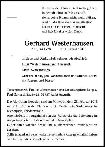 Anzeige von Gerhard Westerhausen von Kölner Stadt-Anzeiger / Kölnische Rundschau / Express